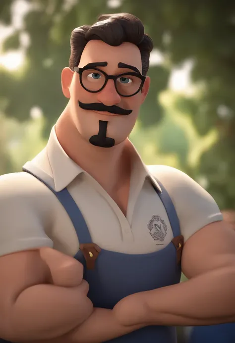 Cartoon character of a man with black glasses and a white polo shirt, cabelo liso, With a partially white beard and a tattoo on his right arm, animation character, Caractere estilizado, animation style rendering, 3D estilizado, Arnold Maya render, 3 d rend...