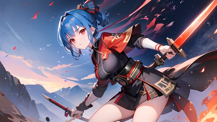 a girl with holding a fiery sword, blue hair color, using uniforms of the imperial japanese army, after battle on battlefield, l...