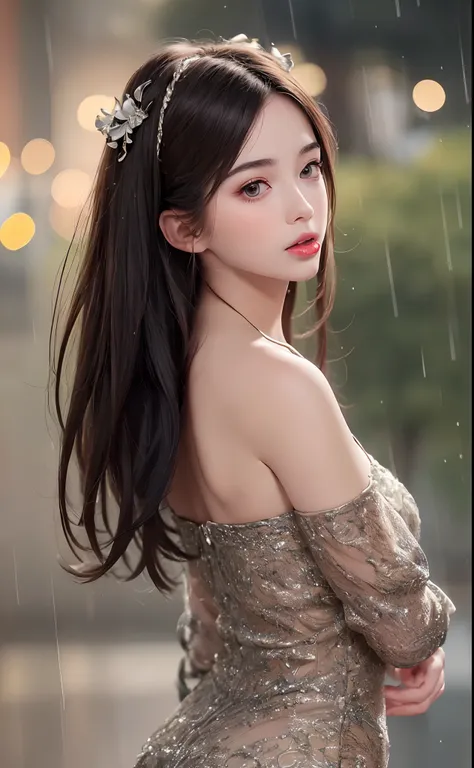 ((best qualtiy, 8K, tmasterpiece:1.3)), Focus:1.2, Perfect figure beautiful woman:1.4, cocked ass:1.2, ((Cut hair in layers)), (wet wear:1.1) , (Rain, Street:1.3), (shift dresses:1.2)，Highly detailed facial and skin texture, A detailed eye, 二重まぶた，Whiten sk...