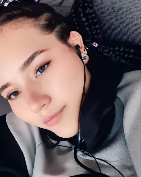 a close up of a woman with headphones on laying on a couch, profile image, bella poarch, profile pic, profile picture, portrait sophie mudd, headshot profile picture, light skin, violet myers, 18 years old, ayahausca, she looks like a mix of grimes, taken ...