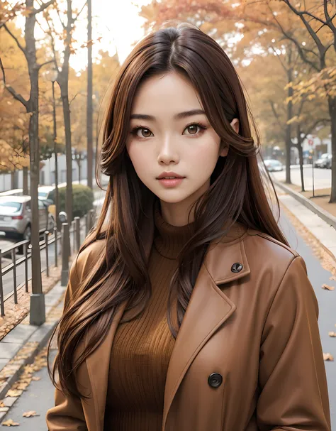 Araphedo woman with brown coat and long brown hair on autumn leaves road, Beautiful c cup woman, Gorgeous young woman, Beautiful asian girl with long hair, Beautiful Asian Woman, brown colored long hair, Person Artist, brown flowing hair, 8K、realphoto