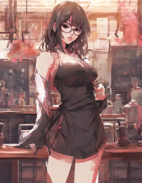 Asian Girl With Extremely Huge Tits Nude Anime Style, Pelo color cafe con vetas Rosadas enfrente, con gafas, cuerpo voluminoso, pose para la foto, cara exitada