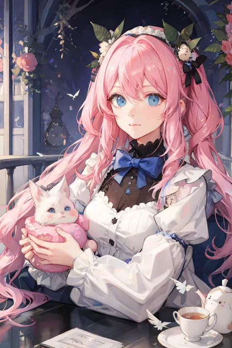 (Cute illustration:1.5), Cute little girl s, With twin tails、Hair color is pink , Blue pastel color outfit、Hug a fluffy white rabbit、tea parties、a cake、 macaroons、donut、cookies、black tea、cute little、Cute 、Dolce、fluffly、Dolce、Pale shades