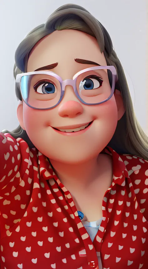 A beautiful half chubby blonde girl with glasses, e olhos azuis, sorrindo de camisa vermelha com bolinhas brancas, Pixar,desenho animado, princesa, castelo, Disney,