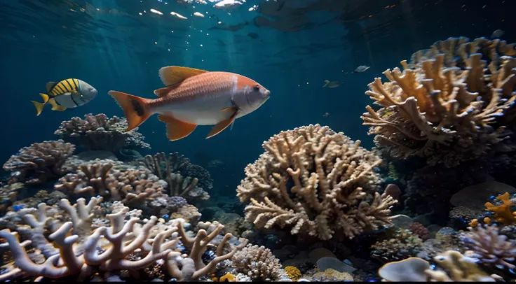 A vibrant coral reef showcasing a variety of tropical fish, underwater exploration, wide angle shot, 8K, shot on Sony Alpha 7R IV --ar 16:10 --v 5.1