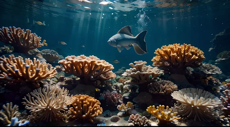 A vibrant coral reef showcasing a variety of tropical fish, underwater exploration, wide angle shot, 8K, shot on Sony Alpha 7R IV --ar 16:10 --v 5.1