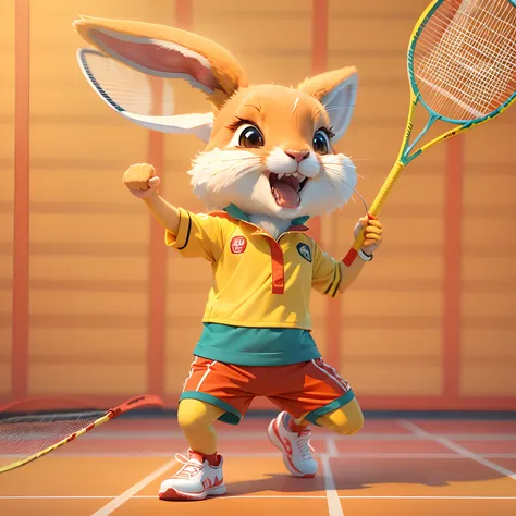 a rabbit is playing badminton, red blouse, yellow shorts,red yy tracksuit, yellow sneakers，laugh happily, background with::arena...