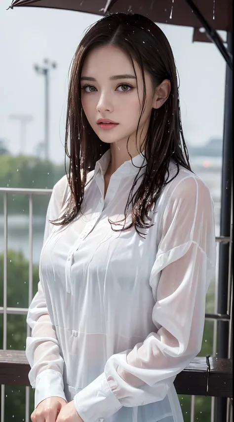 (Best quality, 4K, Masterpiece :1.3), Pretty woman, 1girll, Sexy :1.1, Dark brown hair: 1.1, (rainy wet, wet from rain, Wet body :1.2), Gilet blanc, Ultra-detailed face, Detailed lips, Dark eyes, Detailed eyes, 二重まぶた