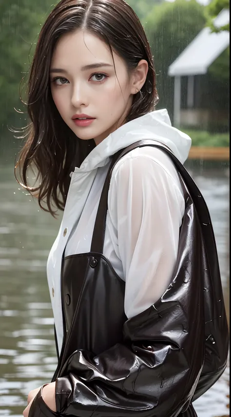 (Best quality, 4K, Masterpiece :1.3), Pretty woman, 1girll, Sexy :1.1, Dark brown hair: 1.1, (rainy wet, wet from rain, Wet body :1.2), Gilet blanc, Ultra-detailed face, Detailed lips, Dark eyes, Detailed eyes, 二重まぶた