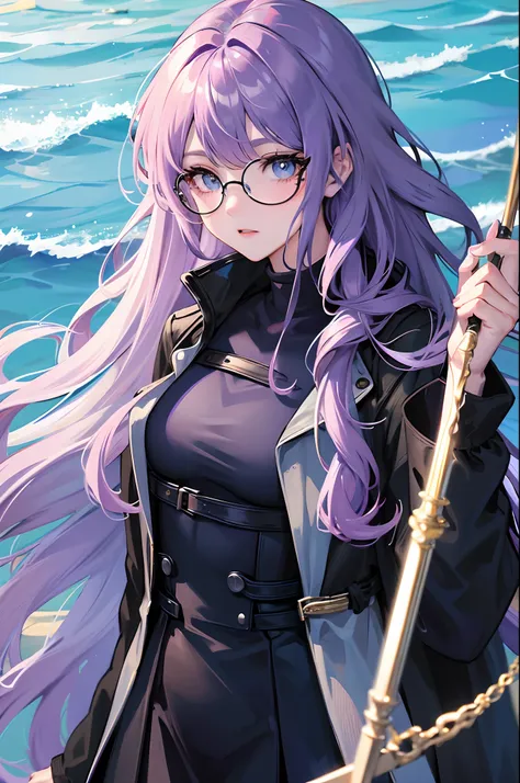 Nerdy, round glasses, light purple hair, long hair, straight bangs, wavy extensions, blue eyes, way too oversized black jacket, ocean background, cute, holding a blue staff