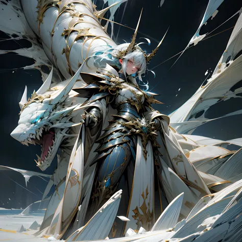 "High resolution, anime style illustration, featuring a stunning, male silver-haired knight, standing tall on an iceberg. She wears a set of exquisite, blue silver armor, adorned with delicate filigree and sharp dragon horns. In one hand, she bears a massi...