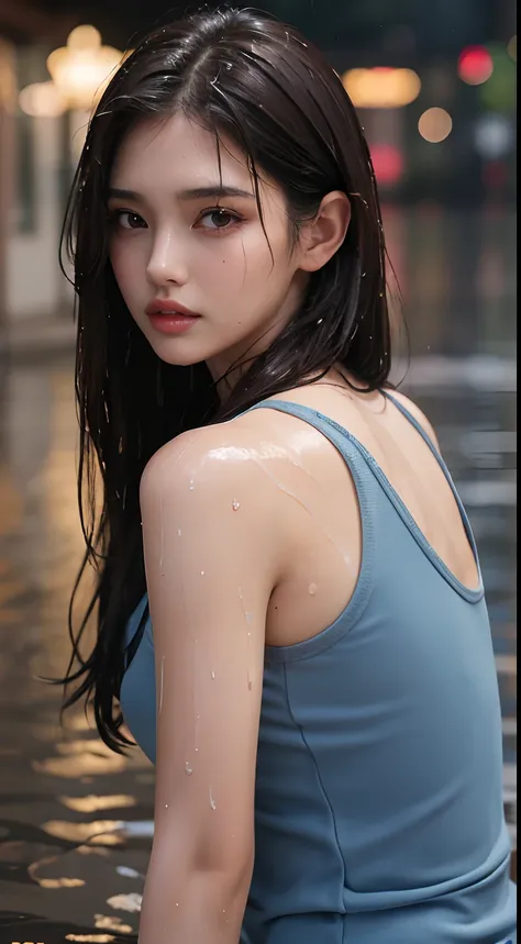 (Best quality, 4k, Masterpiece :1.3), pretty woman, 1girl, sexy :1.1, dark brown hair: 1.1, (rainy wet, wet from rain, wet body :1.2), white tank tops, ultra-detailed face, detailed lips, detailed eyes, double eyelid