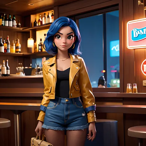 Crie uma imagem no estilo filmes da pixar, com uma menina parecida com a Vanessa Hudgens usando jaqueta de couro, bebendo em um bar