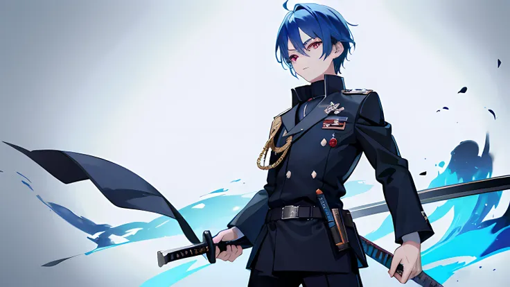 a boy with holding a sword on his right hand and holding a pistol on his left hand, blue hair color, using black Uniforms of the Imperial Japanese Army, looking at the camera, attacking pose, red eye color, high quality anime style, ufotable style animatio...