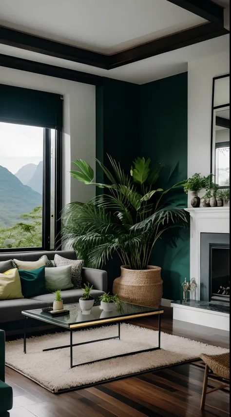 Sala de estar com lareira e uma grande janela, Plantas e selva, mountainous jungle setting, brilhante e mal-humorado, grandes plantas no fundo, Apartamento com paredes pretas, exuberante e verde, esquema de cores verde escuro, grandes plantas de interiores...