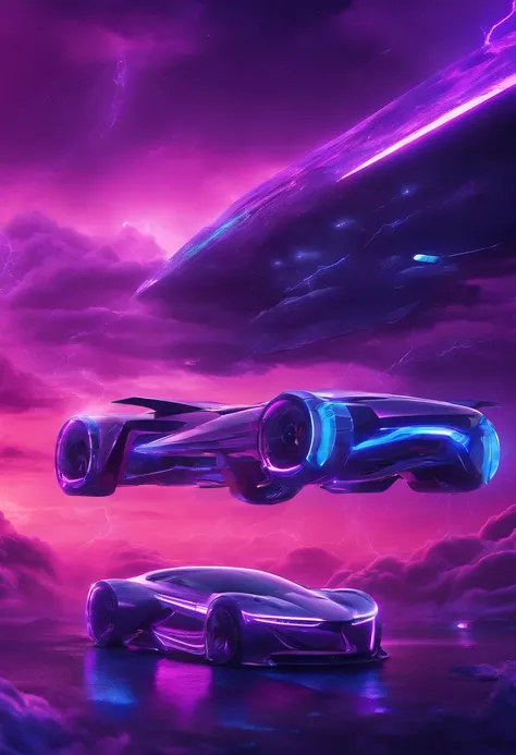 futuristic cars floating above the clouds, neon tones, dark sky, purple lighting, rain, lightning, hyper realistic, highly detailed, 8k