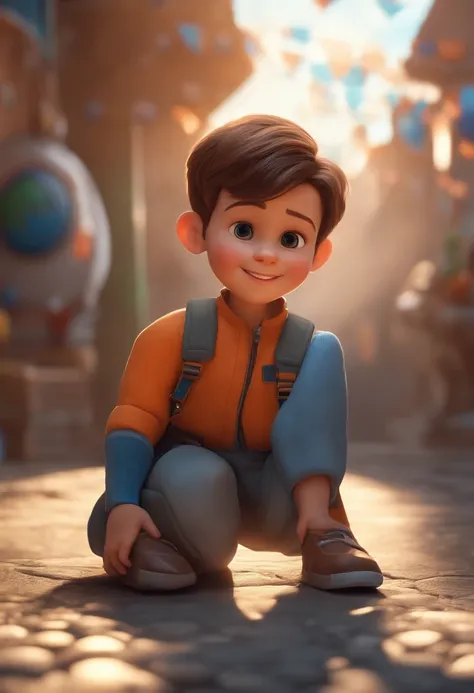 a happy cute kid standing short hair, vestindo uma fantasia espacial, , fundo branco, barnet, tom, Estilo Pixar, ..3d, desenhos animados, rosto detalhado, asymmetrical 16k