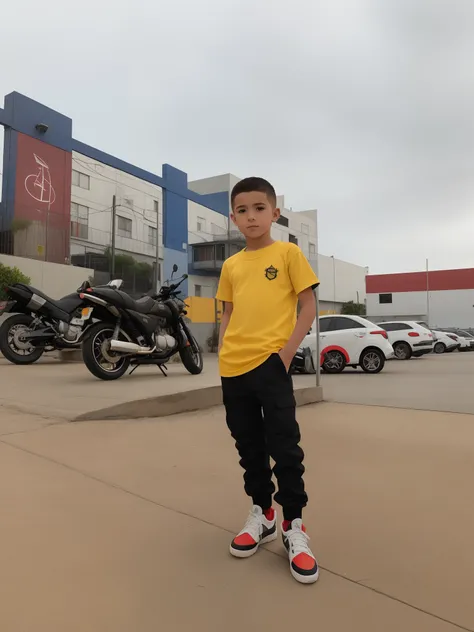 Theres a boy standing in front of a building with a motorcycle, mateus 9 5, cabrito, vestindo um pescador 🧥, vestindo uma camiseta amarela moderna, Directed by: Nandor Soldier, Upload de alta qualidade, por Julius como se, standing in the street, kid a, st...