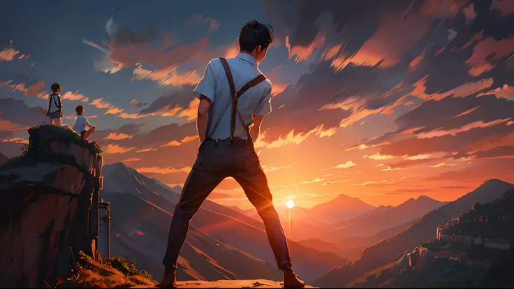 the sunset，eventide，Big Mountain，Medium short hair，Suspenders，Put your feet on the ground，Boy student，Iron Mountain Back，Behind the man is a cliff， Look up at 45 degrees