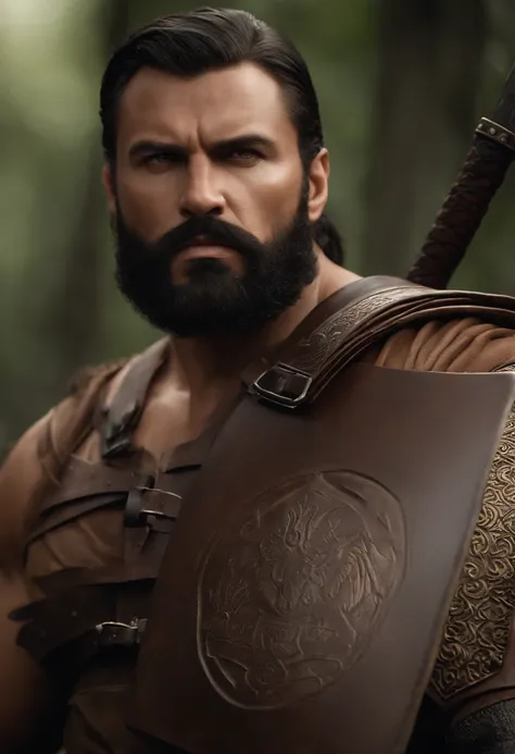 Masterpiece, High quality, Best quality, Beautiful, HD, Realistic, Perfect lighting, Detailed face, Detailed body, 1 man, Solo, Black hair, Green eyes, Long black beard, Gladiator style in brown and shabby leather clothing: 1.4), leather breastplate, 1 woo...