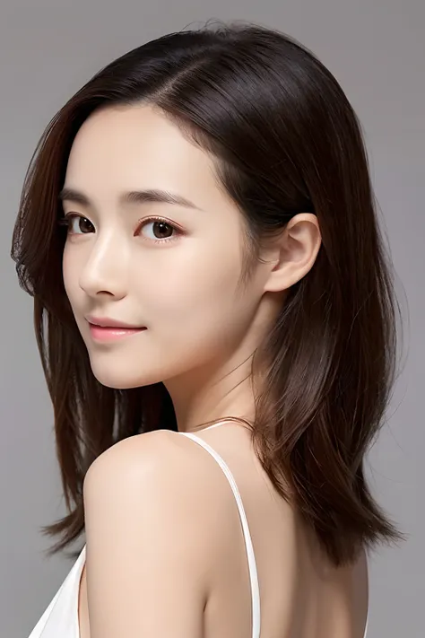 shine　age 30s　super realistic skin　　All Back Hairstyle　Pretty women　simple background　slightly turned to the side　There is a luster on the forehead　Beautiful forehead　Realistic as a photo　adult-like　a smile