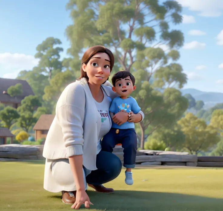 Obra-prima, de melhor qualidade, A young beautiful brown straight hair mother with black pants and a white linen t-shirt squatting with her 2 year old son on her lap in blue jeans and blue sweater on a beautiful green lawn lit by the light of the end of th...