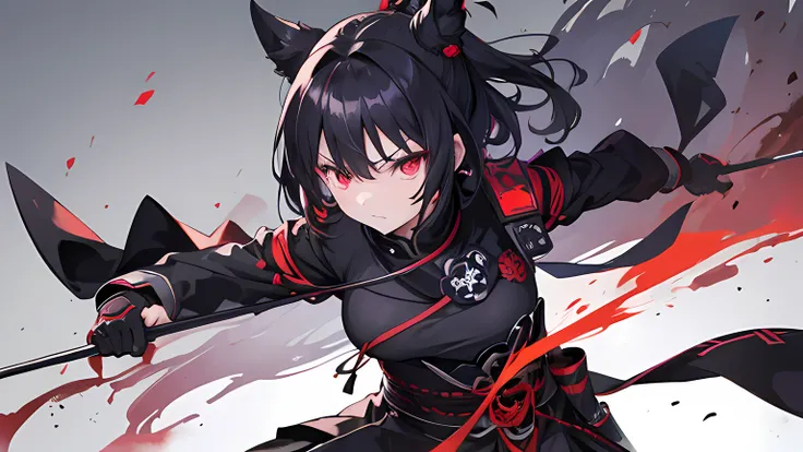 1 girl, using black samurai uniform, special operation, in the village, attacking pose, red eye color, detailed eye, ufotable style animation