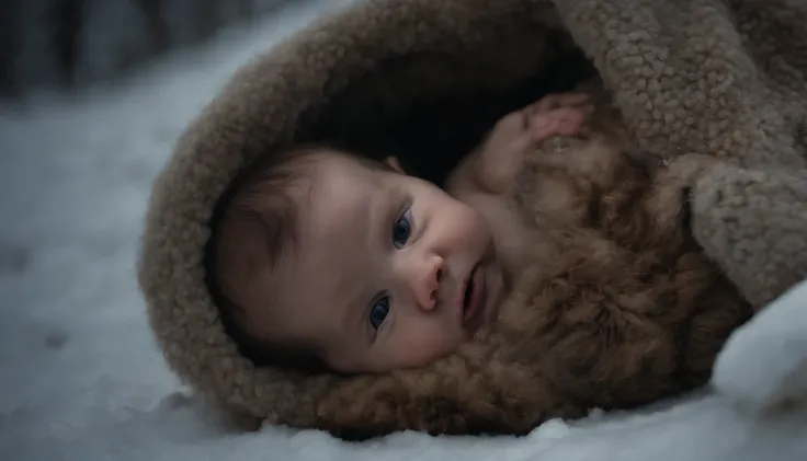 newborn baby abandoned in the snow lying on blankets of wool and fur, skin turning blue and black, medieval Hungary, night, snow covered forest, scene from horror film, 8k, ultrarealistic, cinematic, cinematic scene from film