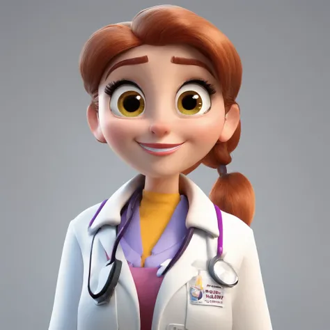 create a 3D movie poster inspired by Disney Pixar, The scene should be in Pixars signature digital art style, com uma imagem caricata de uma mulher branca com cabelos cacheados, Medium Size, cor marrom claro, with lab coat in medical laboratory