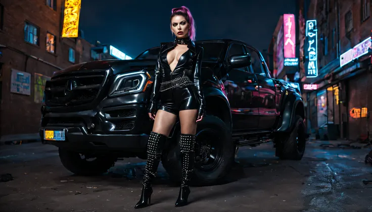 woman wearing a black PVC low-cut catsuit thigh High boots chains studs and spikes , in front truck , in cyberpunk city at night , enlightened by neons