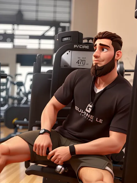 A brunette man in the gym sitting on the machine