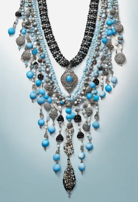 long necklace made with small balls of white and black beads interspersed, with a light blue background realistic image, 3d, 4k, detailed