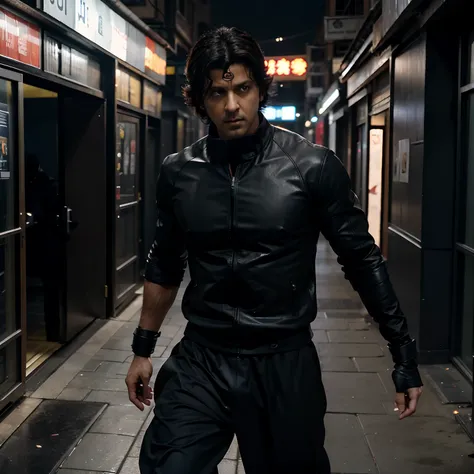 "Hrithik Roshan dons a sleek ninja outfit and embarks on a secret mission in the heart of a bustling metropolis. Write a thrilling action scene that unfolds as he uses his ninja skills to overcome unexpected obstacles and adversaries."