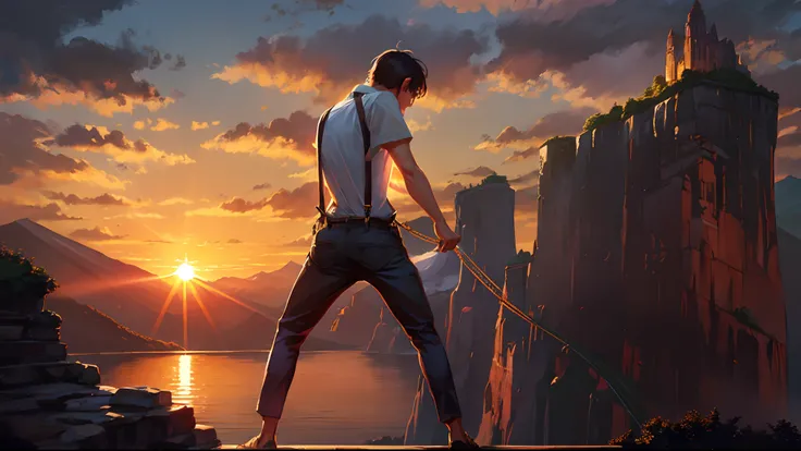 the sunset，eventide，Big Mountain，Medium short hair，Suspenders，Put your feet on the ground，Boy student，Iron Mountain Back，Behind the man is a cliff，