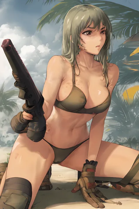 Best quality, masterpiece, bra and panty, serious, sexy pose, Cammo, Sun, hot, dessert, wetting, water, tactical, neckline, army, warfare.