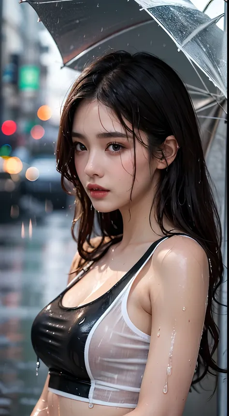 (Best quality, 4k, Masterpiece :1.3), pretty woman, 1girl, sexy :1.1, dark brown hair: 1.1, (rainy wet, wet from rain, wet body :1.2), white tank tops, ultra-detailed face, detailed lips, detailed eyes, double eyelid