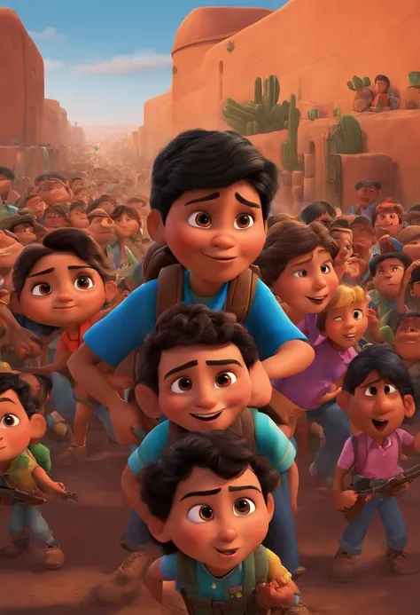 Pixar movie cover: Mexican kids sneaking past Mexicos border to America surrounded with armed guards defenestrating and pointing their guns at them