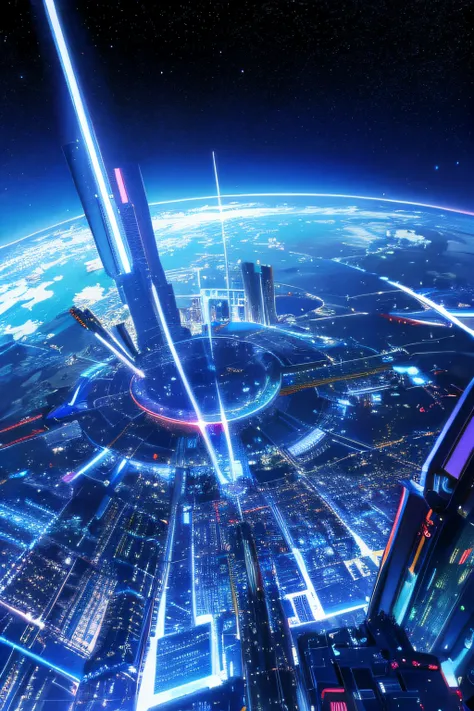 The "New World", a futuristic technology metropolis, appears against the backdrop of the starry sky。