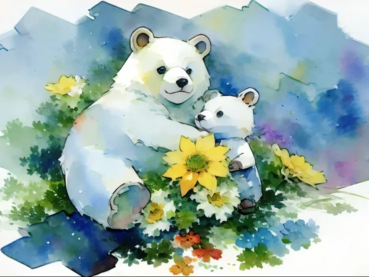 watercolor texture graphic technical white color masterpiece top quality stuffed bear lots of flowers