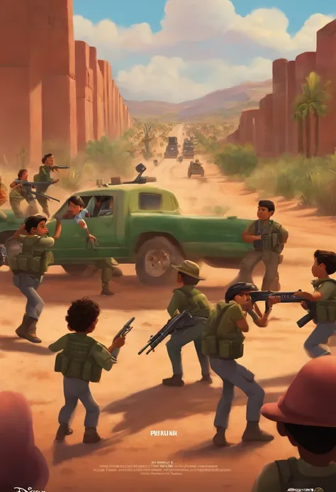 Pixar movie cover: Mexican kids sneaking past Mexicos border to America surrounded with armed military soldiers defenestrating them and pointing their guns at them as they try to escape