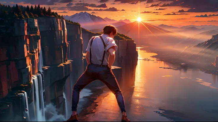 the sunset，eventide，Big Mountain，Medium short hair，Suspenders，Put your feet on the ground，Boy student，Iron Mountain Back，Behind the man is a cliff，