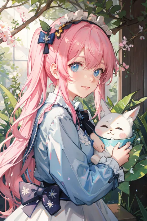 (Cute illustration:1.5),Garden party surrounded by flowers , Cute smiling girl, With twin tails、Hair color is pink , Blue pastel color outfit、Hug a fluffy white baby rabbit、Stylish café, tea parties, a cake、 macaroons、donut、cookies、black tea、cute little、Cu...