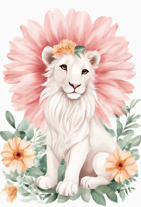 ((fundo branco)), ((Clipart )), ((etiqueta)), (((lions ear)), Aquarela Bela arte de fantasia rosa selvagem, olhos perfeitos com rosto bonito e flores, Asas de Anjo, Chibi cute animation style, cores vivas e vivas, detalhes intrincados, hiper detalhe, hiper...