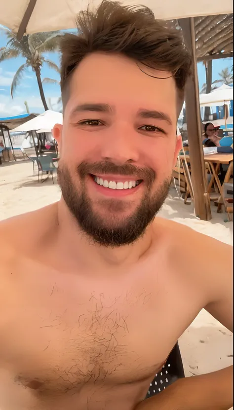 Theres a man whos sitting at the table with a drink, foto de praia, vacation photo, 3 2 anos, em uma praia, na praia, 2 9 anos, imagem de perfil, neckbeard, 2 8 anos, Homem de 30 anos, Homem de 4 0 anos, 2 7 anos, happily smiling at the camera