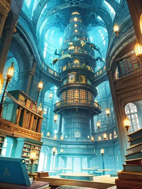 "Magical library, lots of books floating, separated by size and color, with incredible details that create a cinematic atmosphere of adventure and magic."