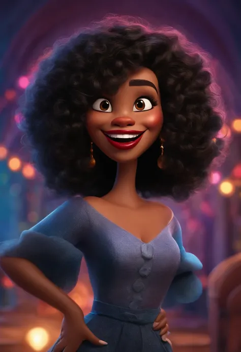 Criar uma mulher de 25 anos parda brasileira personagem no estilo pixar de olhos pretos, cabelos longos pretos, Big mouth with red lipstick celebrating birthday.