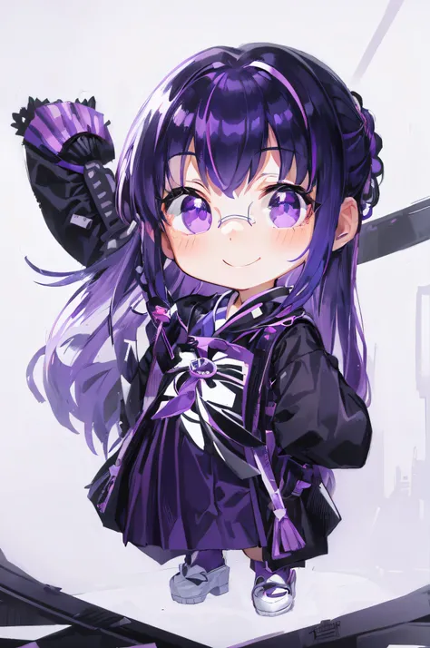 Cat girl, Black Eyes, Medium length blue hair, purple hair, purple outfit, bangs and a white strand in her hair, blackskirt, raspberry hair clip, Raspberry tie, White buttoned-up jacket, black tights, white and crimson shoes beautiful background at home