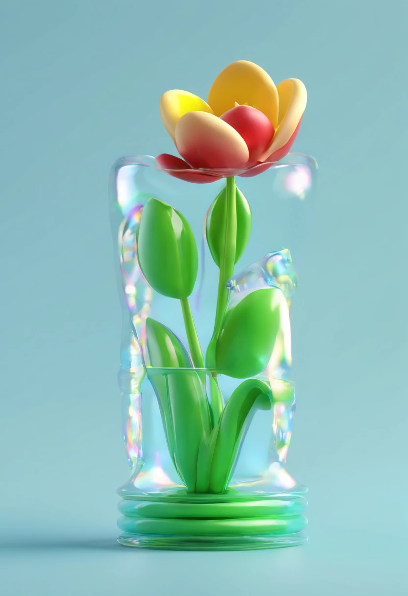 Nintendo character design, a flower made of thin bands with the same band thickness of air, green stem blue tulip, clean background, bright iridescent highlights, studio lighting, atmospheric lighting, with exquisite texture, high detail, high resolution, ...