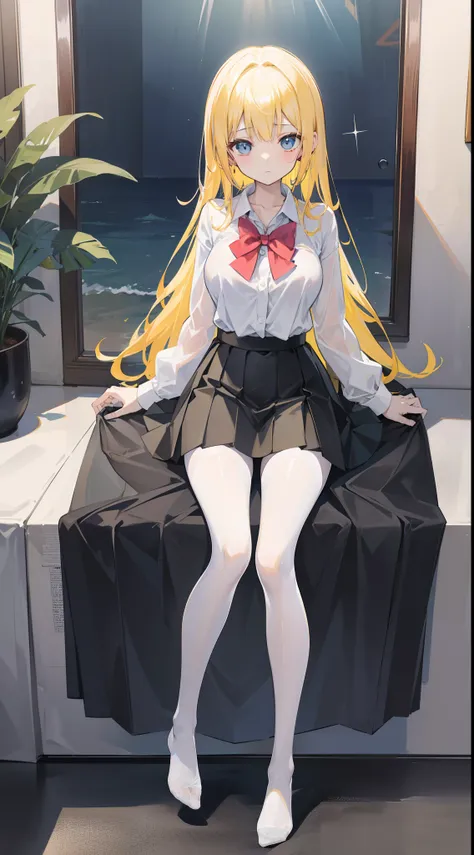 masutepiece（（tmasterpiece）），（White collar blouse），（（Black Microskirt）），（black transparent stockings），adolable，is shy，（Long yellow）hair，red bowtie，long legged，（By the sea），（Facing the sea），open navel，No shoes on