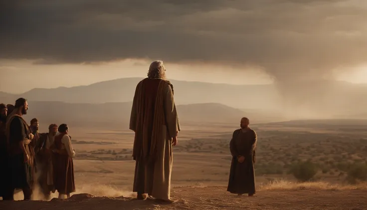 Moses addressing the people of Israel as they encamp on the plains of Moab, looking at the land of Canaan across the Jordan River.